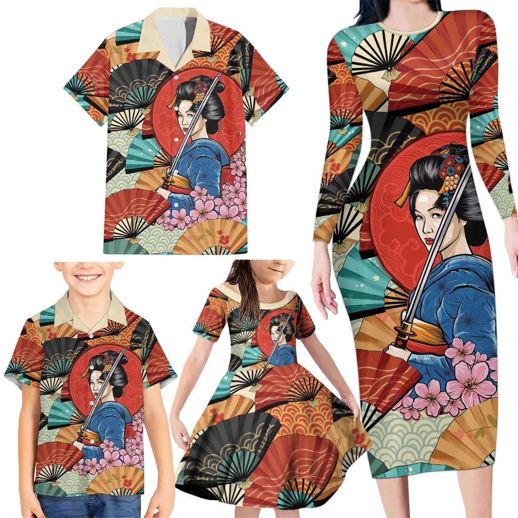 Japanese Geisha Katana Family Matching Long Sleeve Bodycon Dress and Hawaiian Shirt Japan Sensu Seigaiha Pattern LT14 - Polynesian Pride