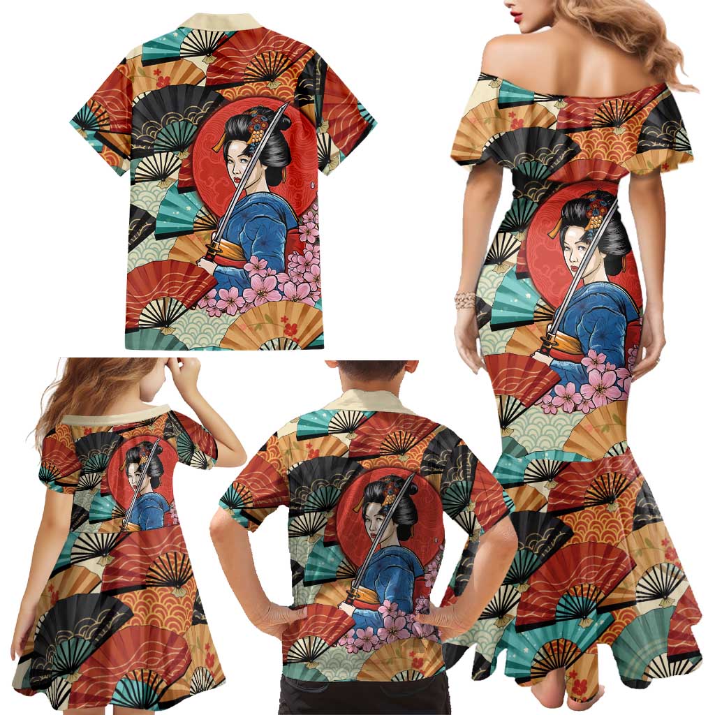 Japanese Geisha Katana Family Matching Mermaid Dress and Hawaiian Shirt Japan Sensu Seigaiha Pattern LT14 - Polynesian Pride