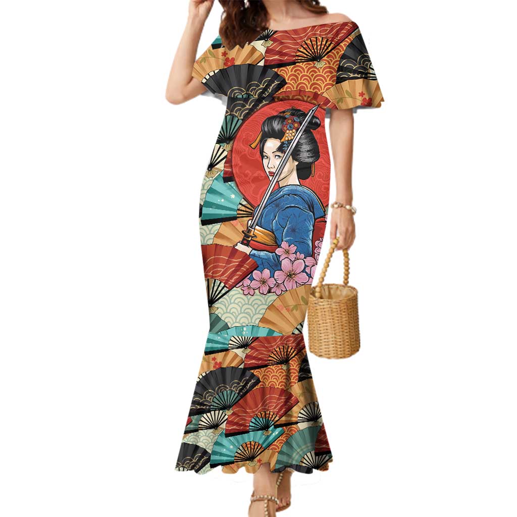 Japanese Geisha Katana Family Matching Mermaid Dress and Hawaiian Shirt Japan Sensu Seigaiha Pattern LT14 Mom's Dress Multicolor - Polynesian Pride