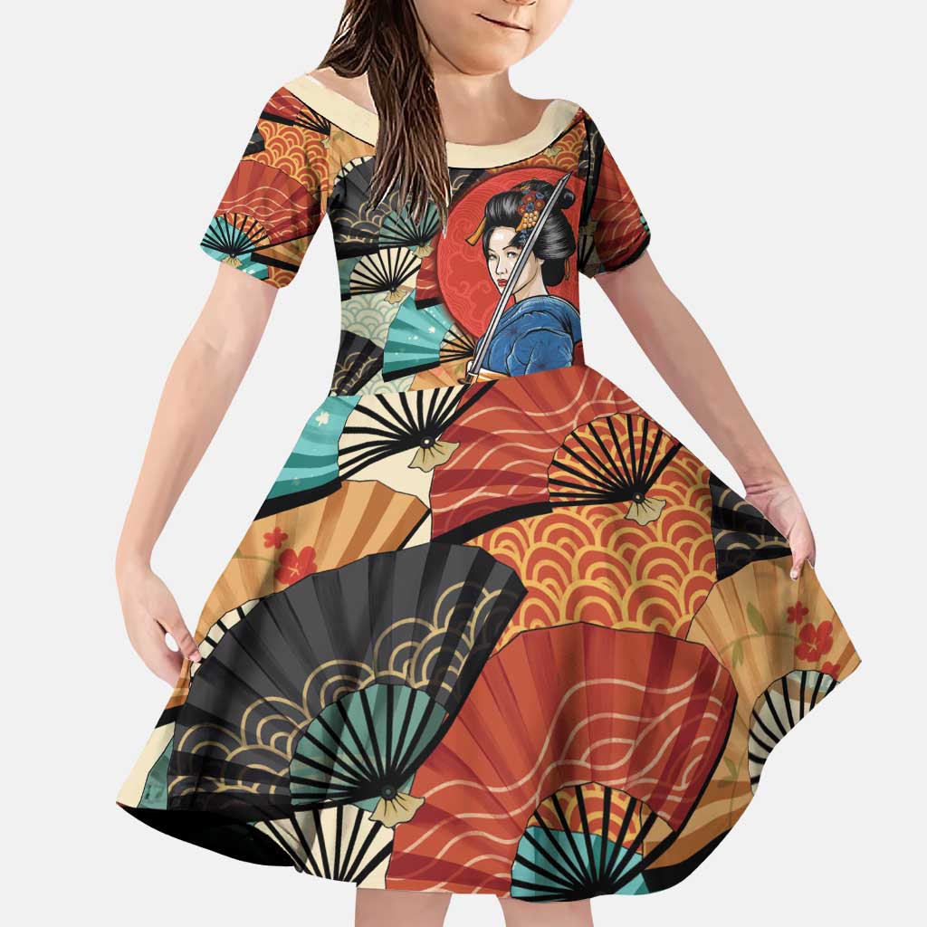 Japanese Geisha Katana Family Matching Off The Shoulder Long Sleeve Dress and Hawaiian Shirt Japan Sensu Seigaiha Pattern LT14 Daughter's Dress Multicolor - Polynesian Pride