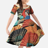 Japanese Geisha Katana Family Matching Off The Shoulder Long Sleeve Dress and Hawaiian Shirt Japan Sensu Seigaiha Pattern LT14 Daughter's Dress Multicolor - Polynesian Pride