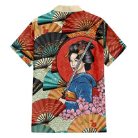 Japanese Geisha Katana Family Matching Off The Shoulder Long Sleeve Dress and Hawaiian Shirt Japan Sensu Seigaiha Pattern LT14 - Polynesian Pride