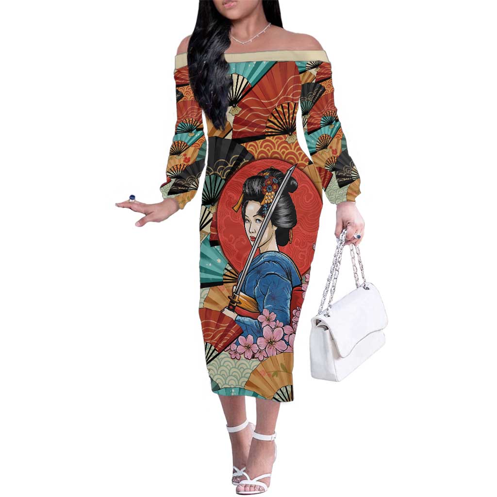 Japanese Geisha Katana Family Matching Off The Shoulder Long Sleeve Dress and Hawaiian Shirt Japan Sensu Seigaiha Pattern LT14 Mom's Dress Multicolor - Polynesian Pride