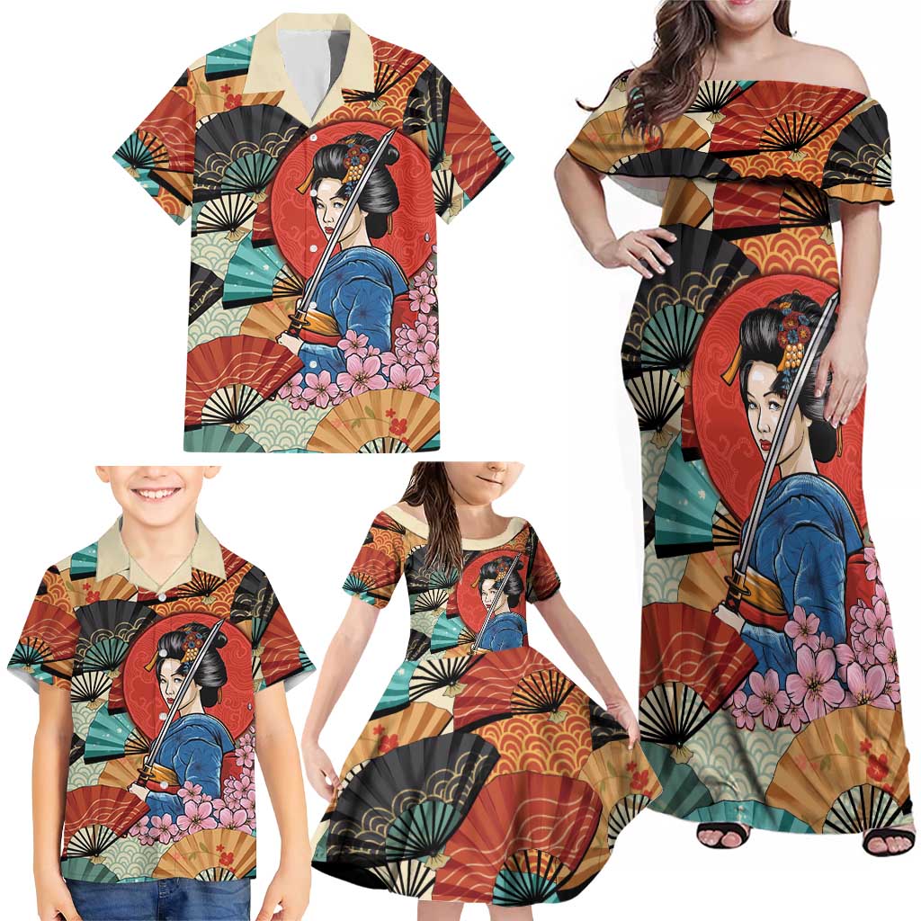 Japanese Geisha Katana Family Matching Off Shoulder Maxi Dress and Hawaiian Shirt Japan Sensu Seigaiha Pattern LT14 - Polynesian Pride