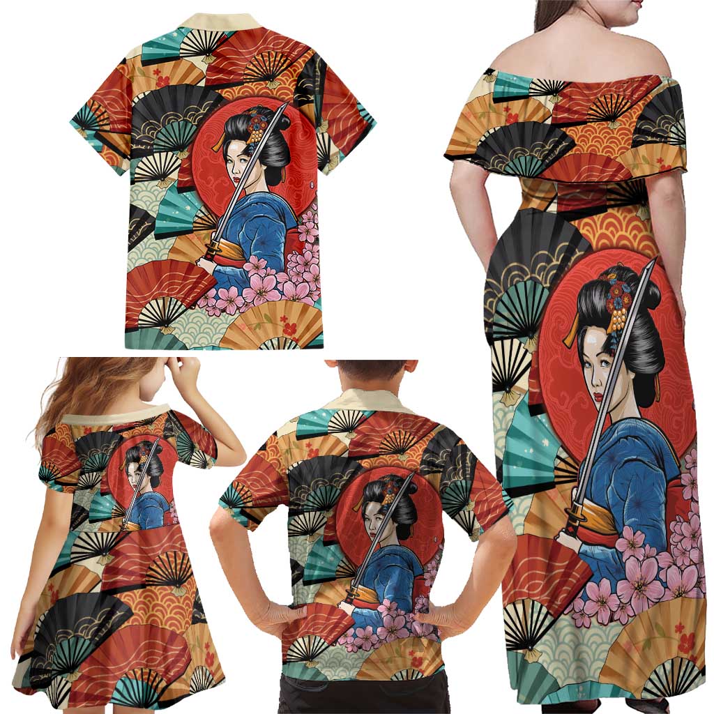 Japanese Geisha Katana Family Matching Off Shoulder Maxi Dress and Hawaiian Shirt Japan Sensu Seigaiha Pattern LT14 - Polynesian Pride