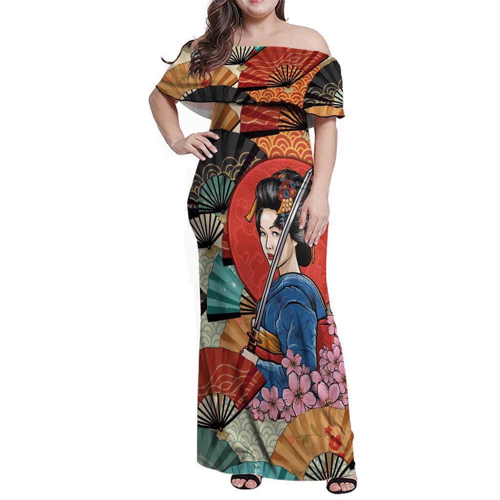 Japanese Geisha Katana Family Matching Off Shoulder Maxi Dress and Hawaiian Shirt Japan Sensu Seigaiha Pattern LT14 Mom's Dress Multicolor - Polynesian Pride