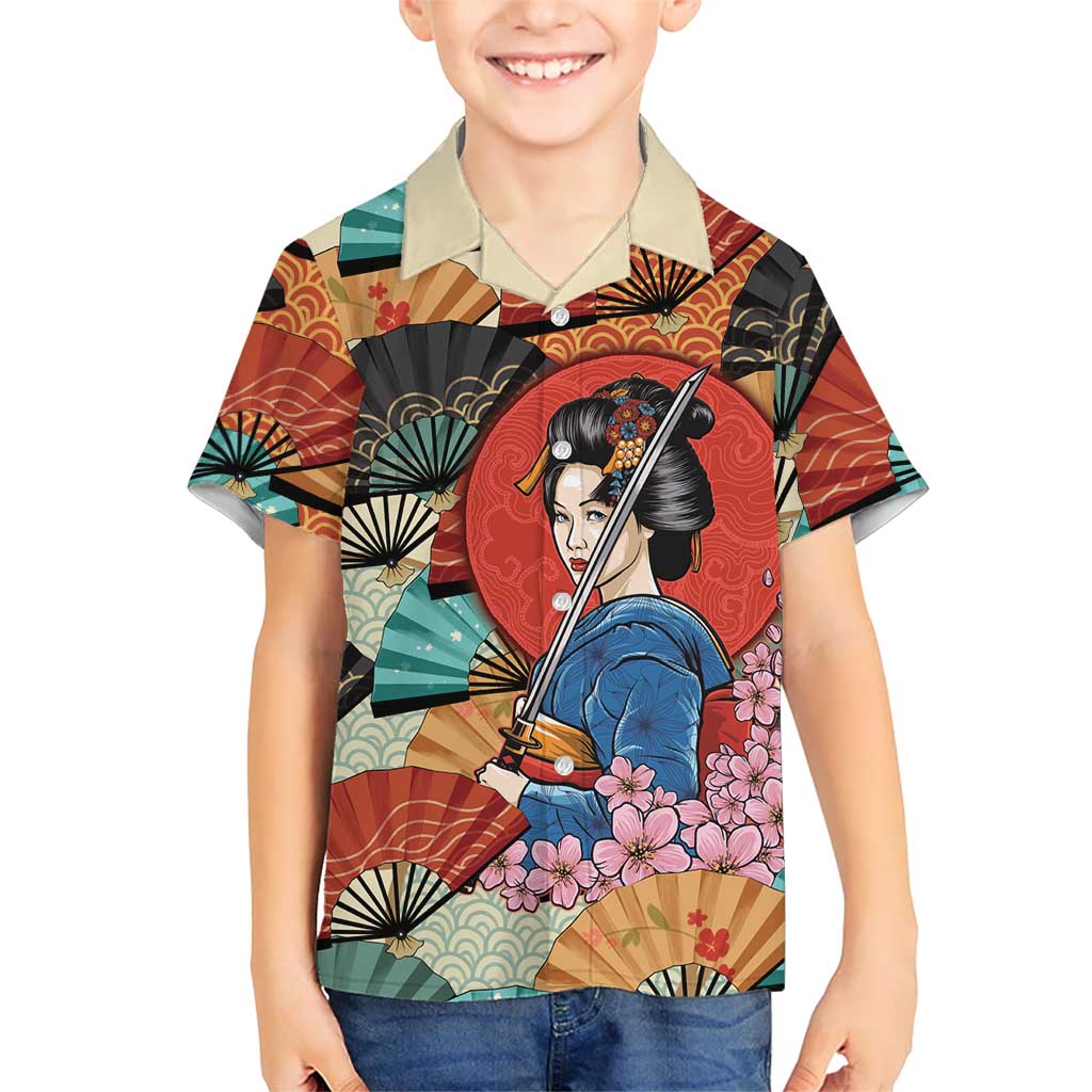 Japanese Geisha Katana Family Matching Off Shoulder Maxi Dress and Hawaiian Shirt Japan Sensu Seigaiha Pattern LT14 Son's Shirt Multicolor - Polynesian Pride