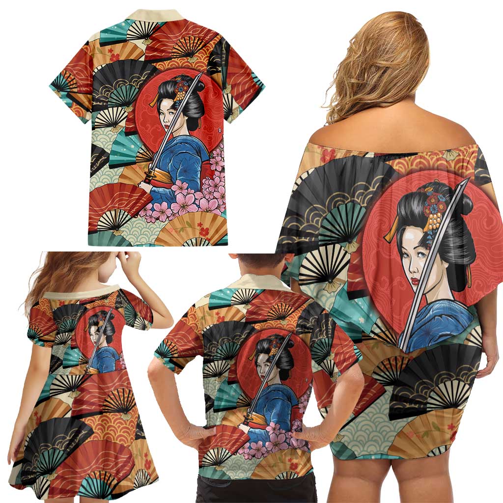 Japanese Geisha Katana Family Matching Off Shoulder Short Dress and Hawaiian Shirt Japan Sensu Seigaiha Pattern LT14 - Polynesian Pride