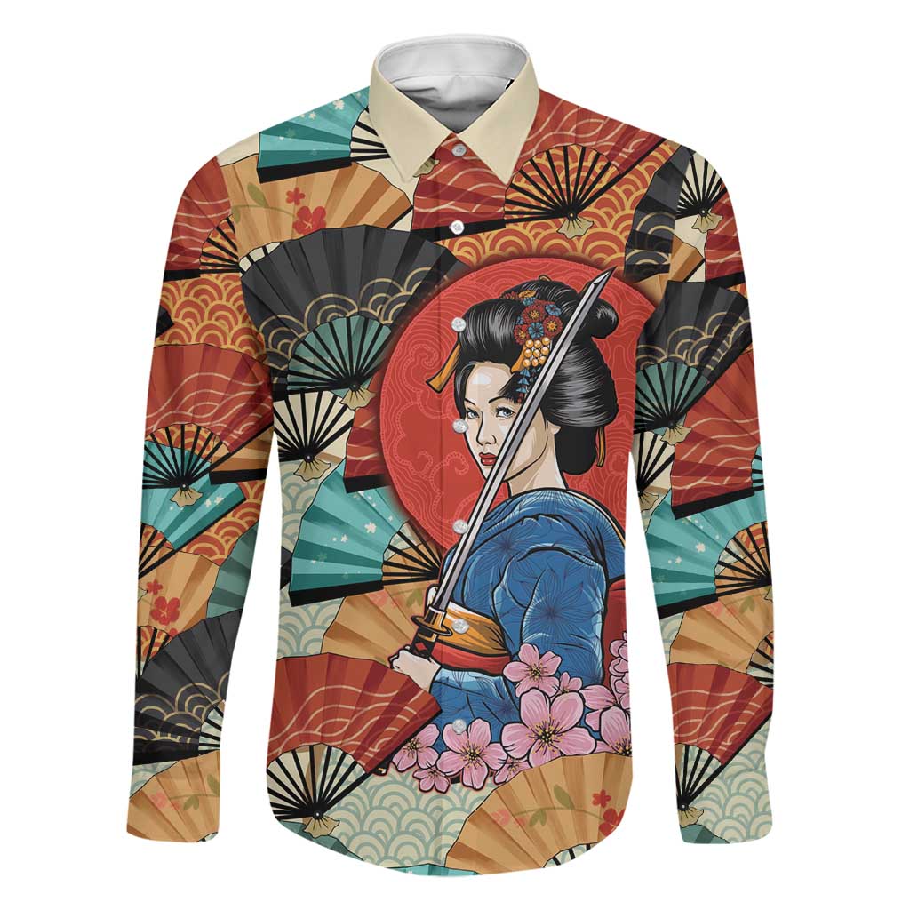 Japanese Geisha Katana Family Matching Puletasi and Hawaiian Shirt Japan Sensu Seigaiha Pattern LT14 Dad's Shirt - Long Sleeve Multicolor - Polynesian Pride