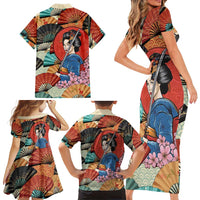 Japanese Geisha Katana Family Matching Short Sleeve Bodycon Dress and Hawaiian Shirt Japan Sensu Seigaiha Pattern LT14 - Polynesian Pride
