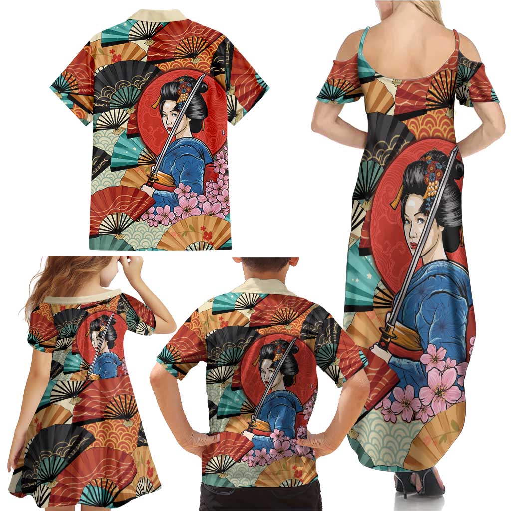 Japanese Geisha Katana Family Matching Summer Maxi Dress and Hawaiian Shirt Japan Sensu Seigaiha Pattern LT14 - Polynesian Pride