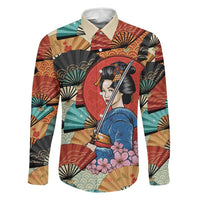 Japanese Geisha Katana Family Matching Tank Maxi Dress and Hawaiian Shirt Japan Sensu Seigaiha Pattern LT14 Dad's Shirt - Long Sleeve Multicolor - Polynesian Pride