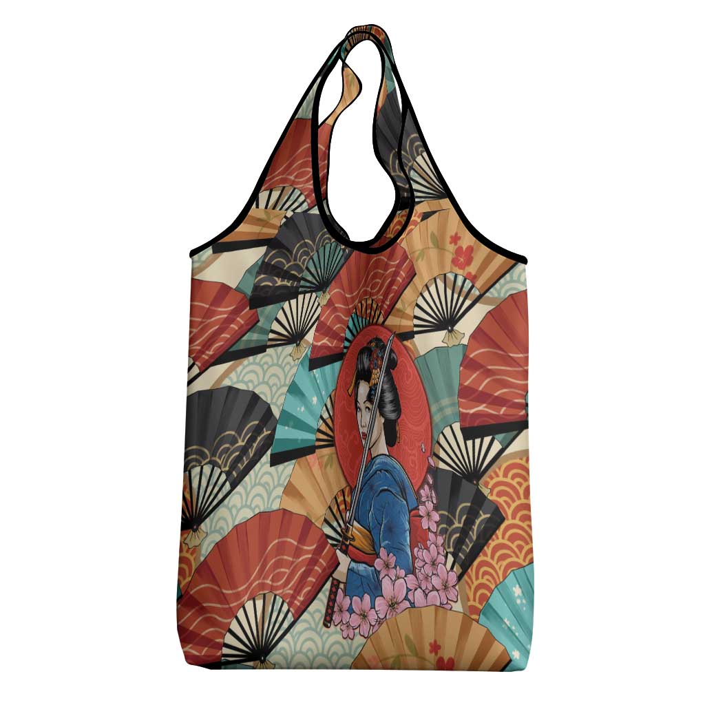 Japanese Geisha Katana Grocery Bag Japan Sensu Seigaiha Pattern - Polynesian Pride