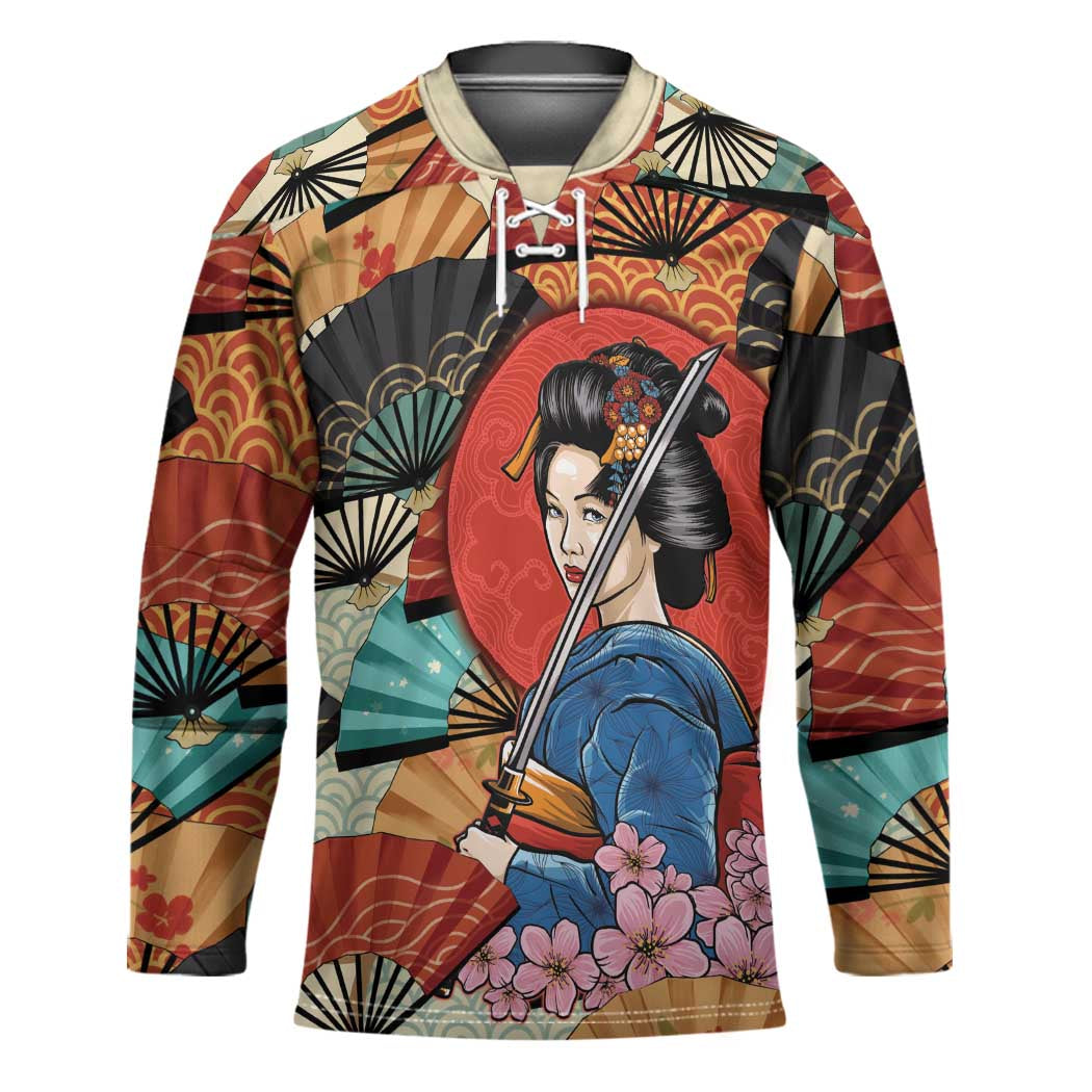 Japanese Geisha Katana Hockey Jersey Japan Sensu Seigaiha Pattern - Polynesian Pride