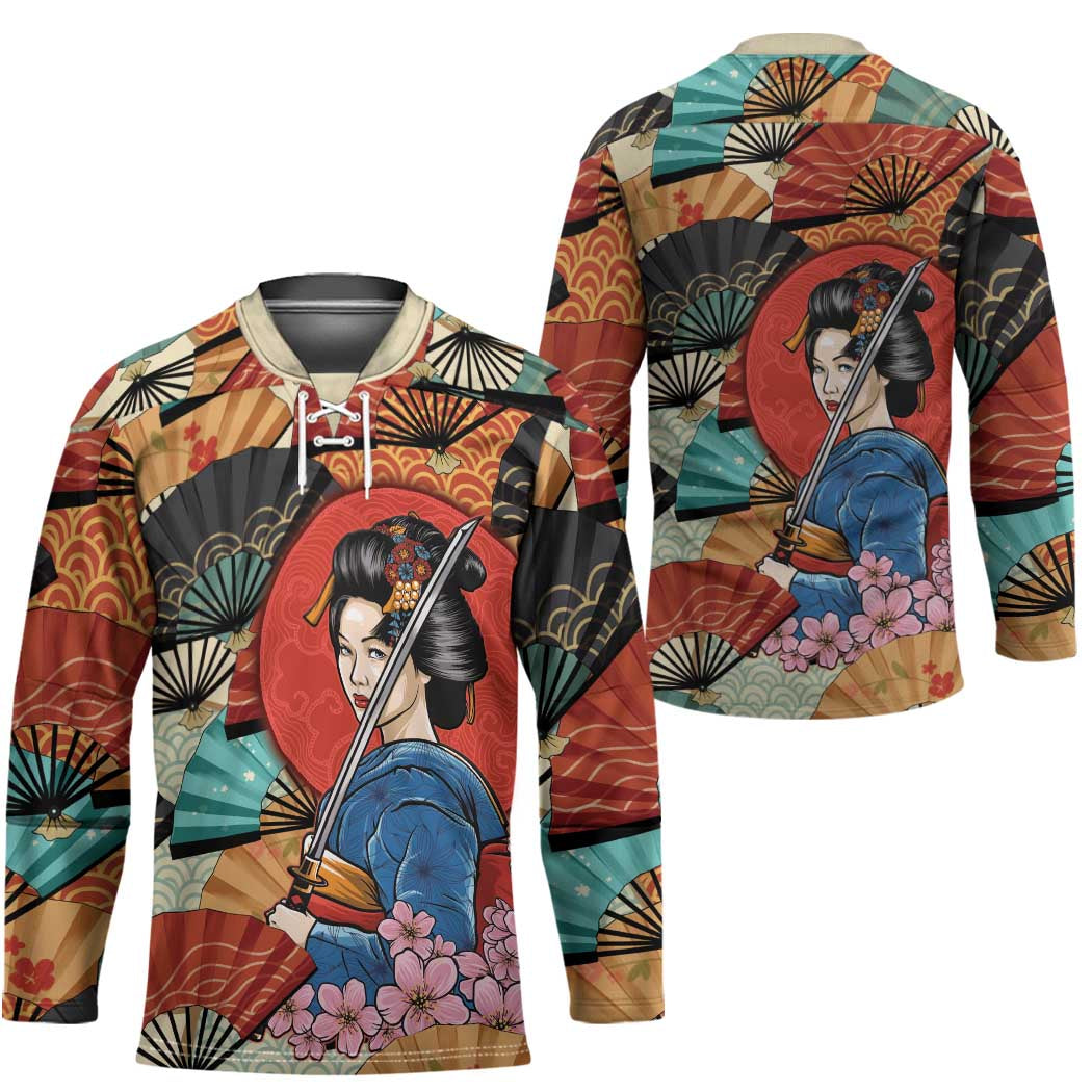 Japanese Geisha Katana Hockey Jersey Japan Sensu Seigaiha Pattern - Polynesian Pride