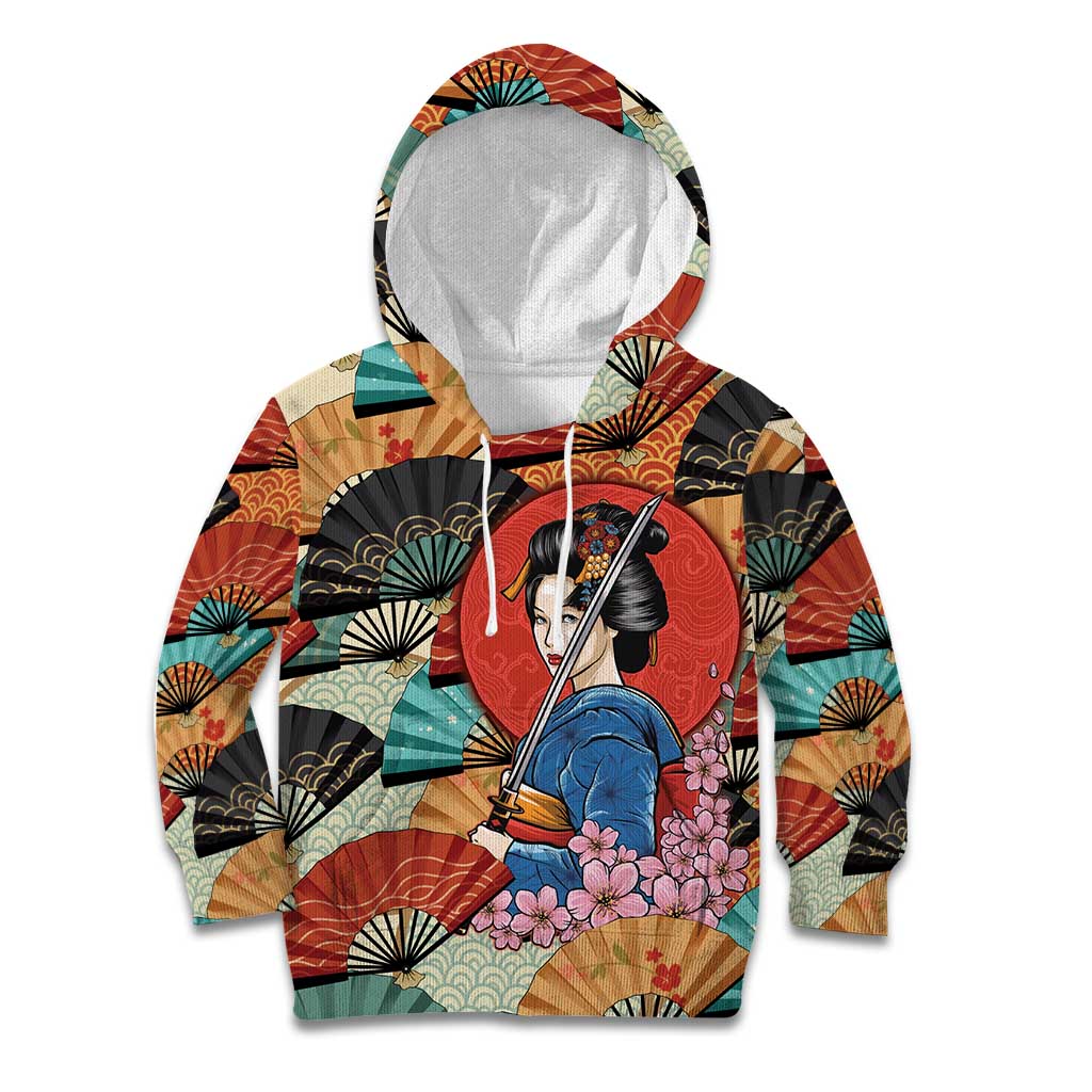 Japanese Geisha Katana Kid Hoodie Japan Sensu Seigaiha Pattern - Polynesian Pride