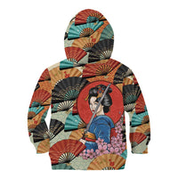 Japanese Geisha Katana Kid Hoodie Japan Sensu Seigaiha Pattern - Polynesian Pride