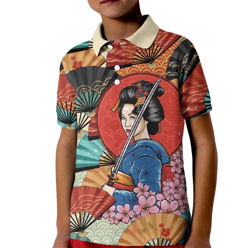 Japanese Geisha Katana Kid Polo Shirt Japan Sensu Seigaiha Pattern LT14 Kid Multicolor - Polynesian Pride