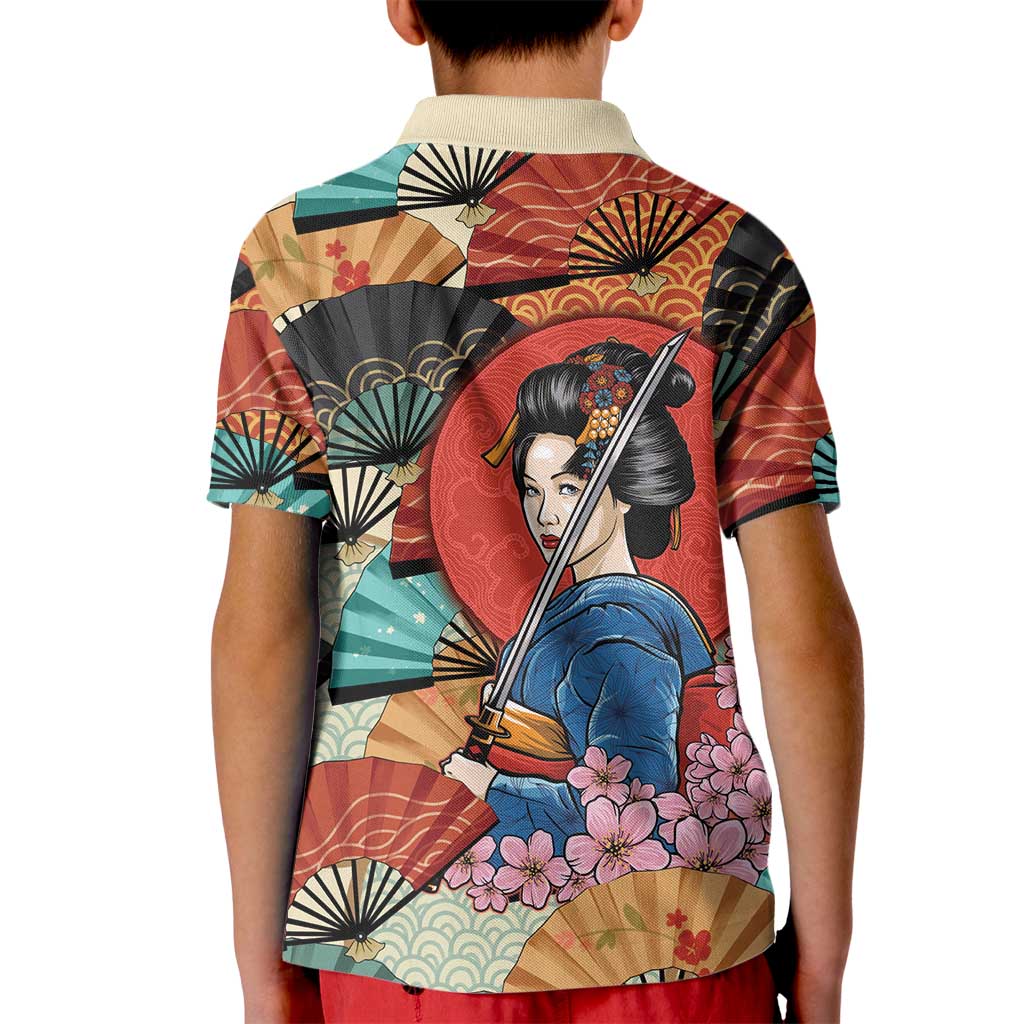 Japanese Geisha Katana Kid Polo Shirt Japan Sensu Seigaiha Pattern LT14 - Polynesian Pride