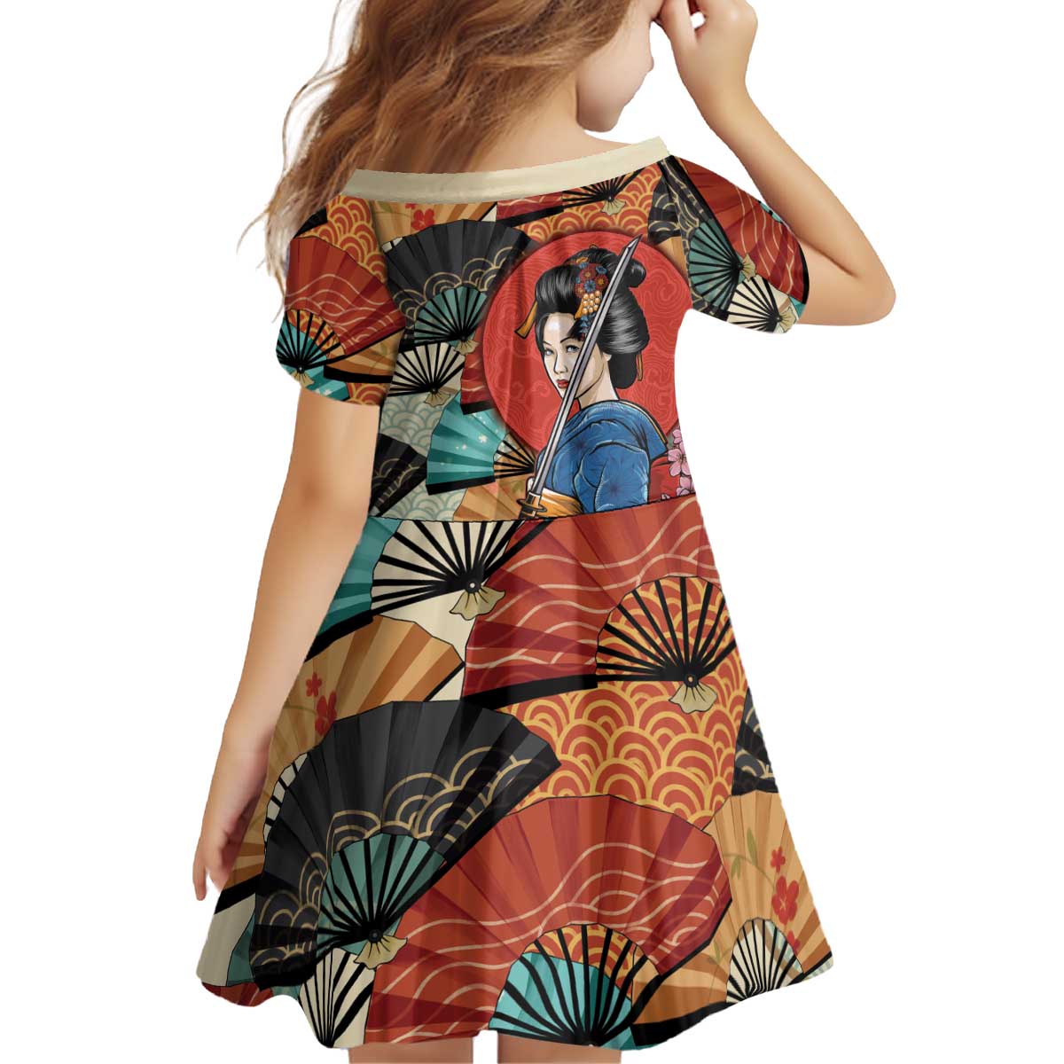 Japanese Geisha Katana Kid Short Sleeve Dress Japan Sensu Seigaiha Pattern - Polynesian Pride