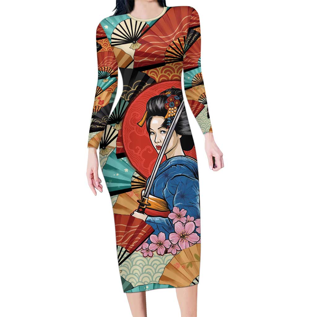 Japanese Geisha Katana Long Sleeve Bodycon Dress Japan Sensu Seigaiha Pattern - Polynesian Pride