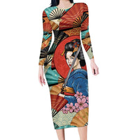 Japanese Geisha Katana Long Sleeve Bodycon Dress Japan Sensu Seigaiha Pattern - Polynesian Pride
