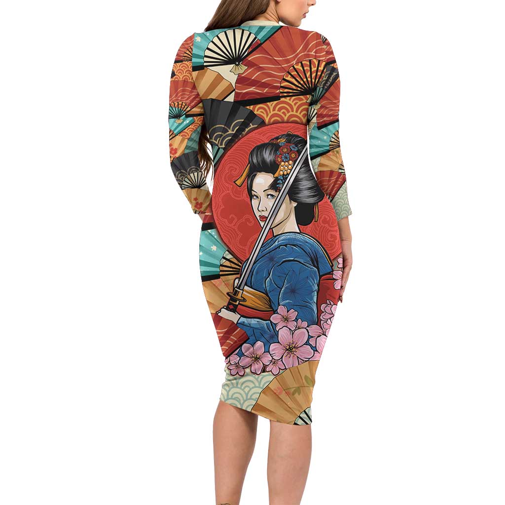 Japanese Geisha Katana Long Sleeve Bodycon Dress Japan Sensu Seigaiha Pattern - Polynesian Pride