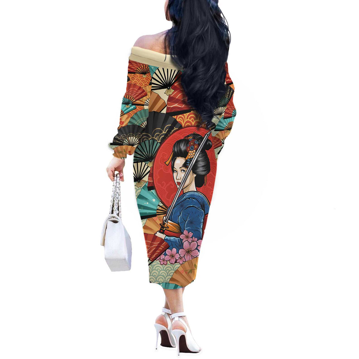 Japanese Geisha Katana Off The Shoulder Long Sleeve Dress Japan Sensu Seigaiha Pattern LT14 - Polynesian Pride
