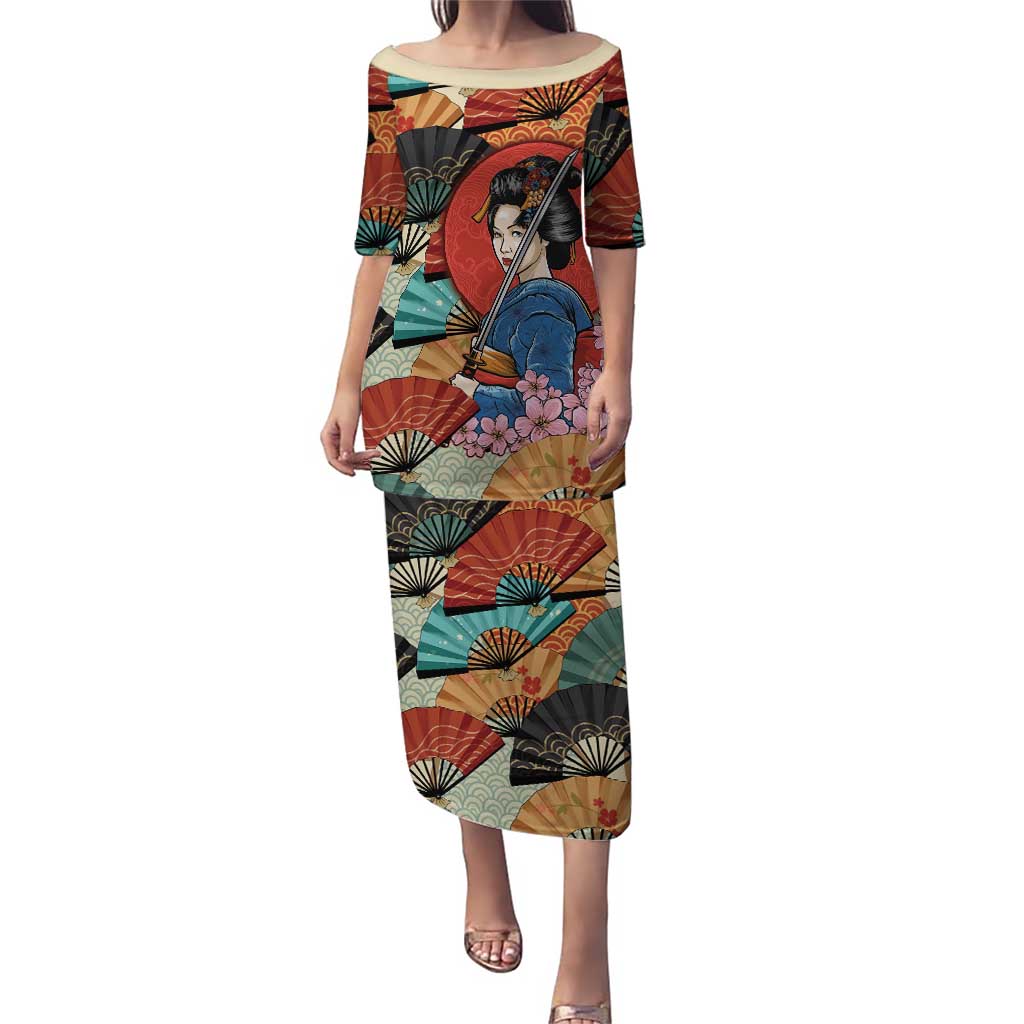 Japanese Geisha Katana Puletasi Japan Sensu Seigaiha Pattern - Polynesian Pride