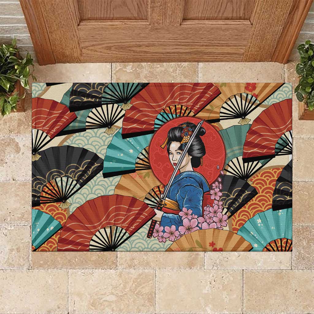 Japanese Geisha Katana Rubber Doormat Japan Sensu Seigaiha Pattern - Polynesian Pride