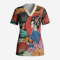Japanese Geisha Katana Scrub Top Japan Sensu Seigaiha Pattern - Polynesian Pride