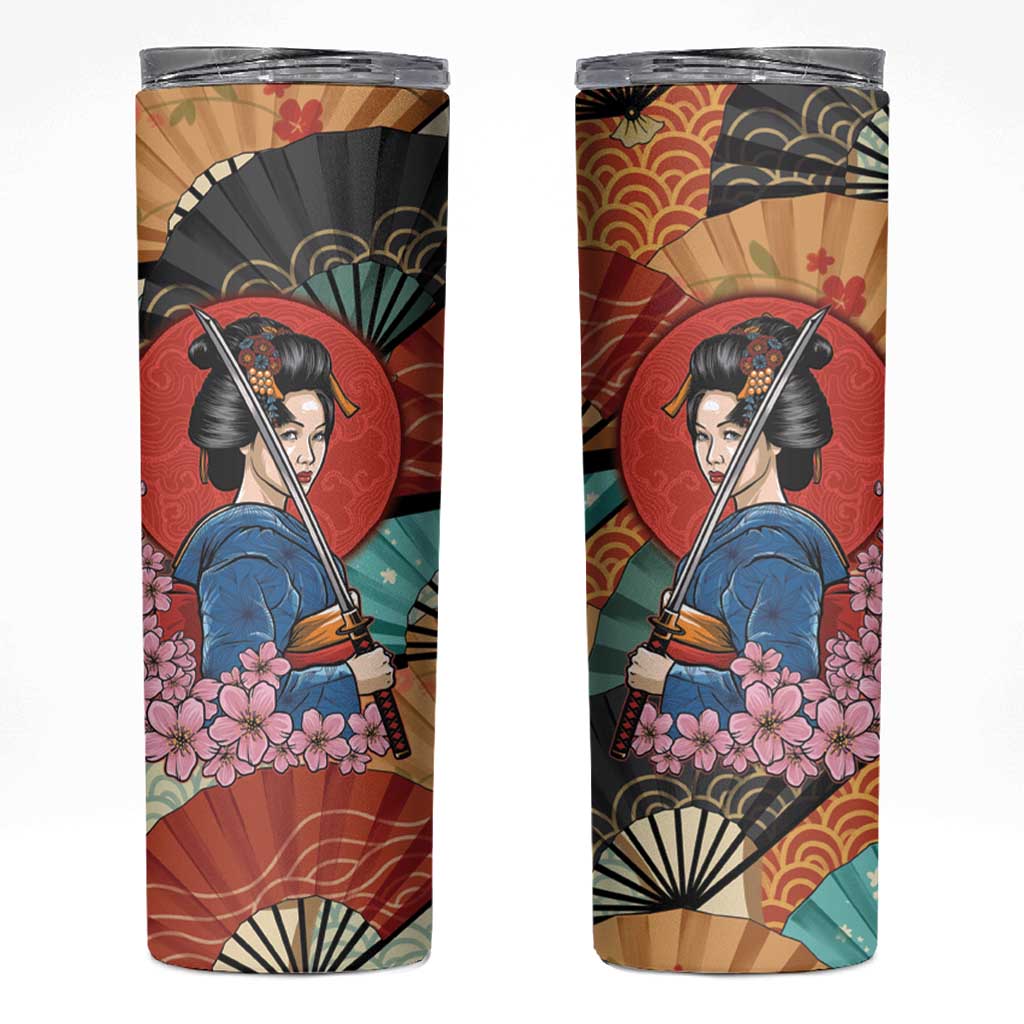 Japanese Geisha Katana Skinny Tumbler Japan Sensu Seigaiha Pattern LT14 Multicolor - Polynesian Pride