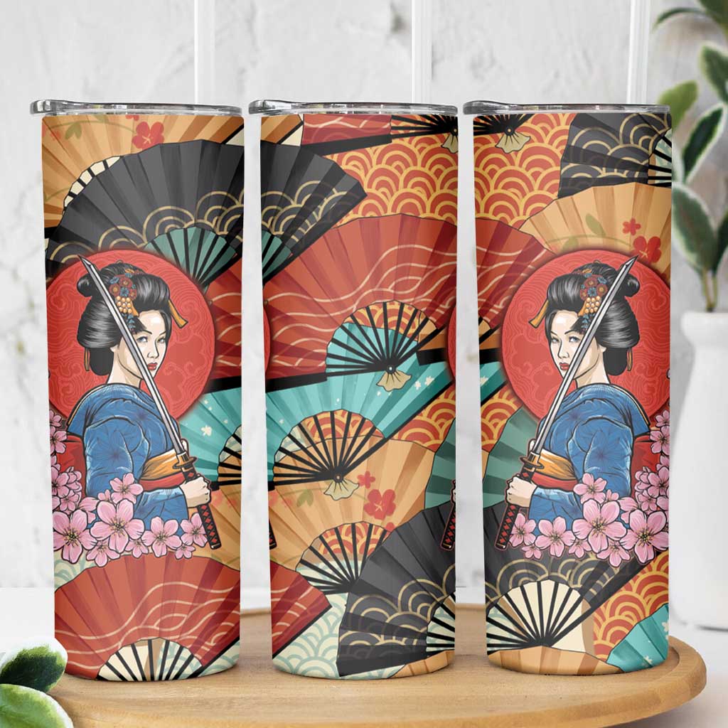 Japanese Geisha Katana Skinny Tumbler Japan Sensu Seigaiha Pattern LT14 - Polynesian Pride