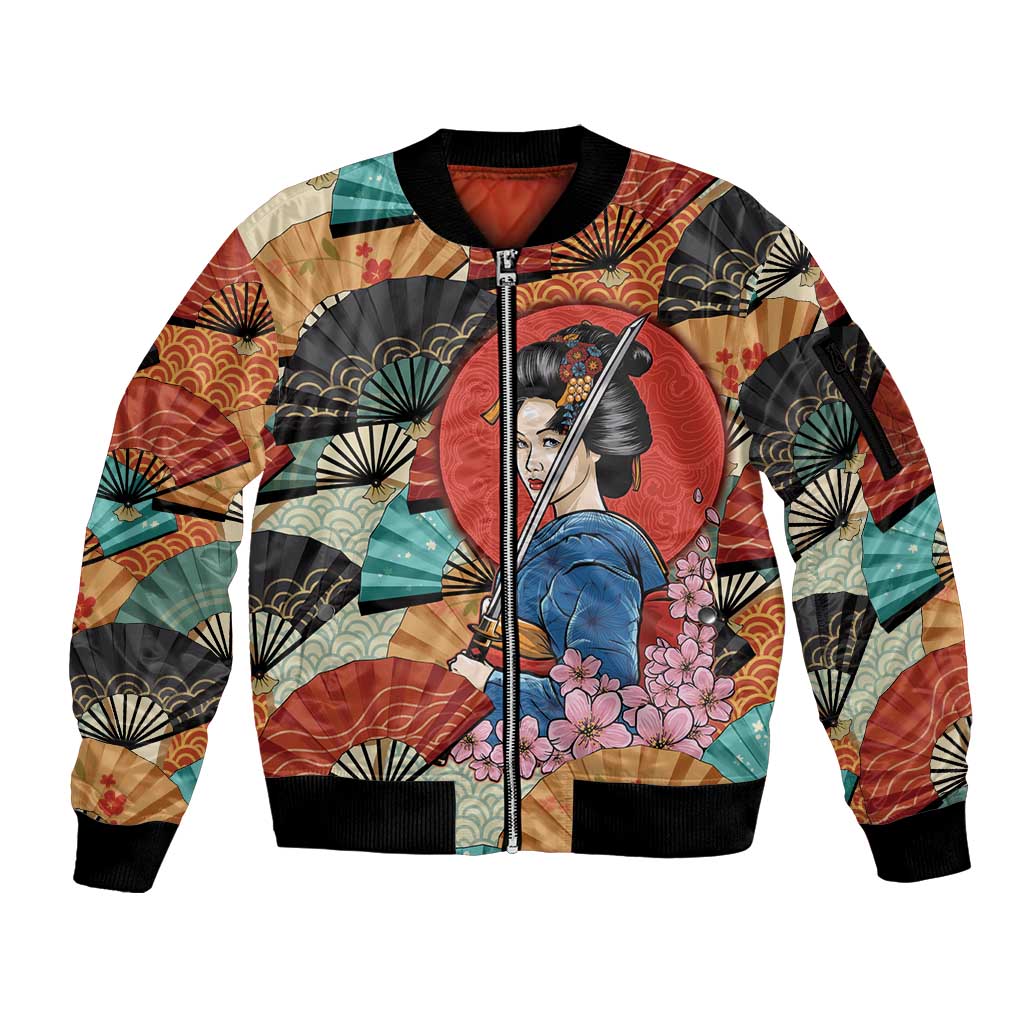 Japanese Geisha Katana Sleeve Zip Bomber Jacket Japan Sensu Seigaiha Pattern - Polynesian Pride
