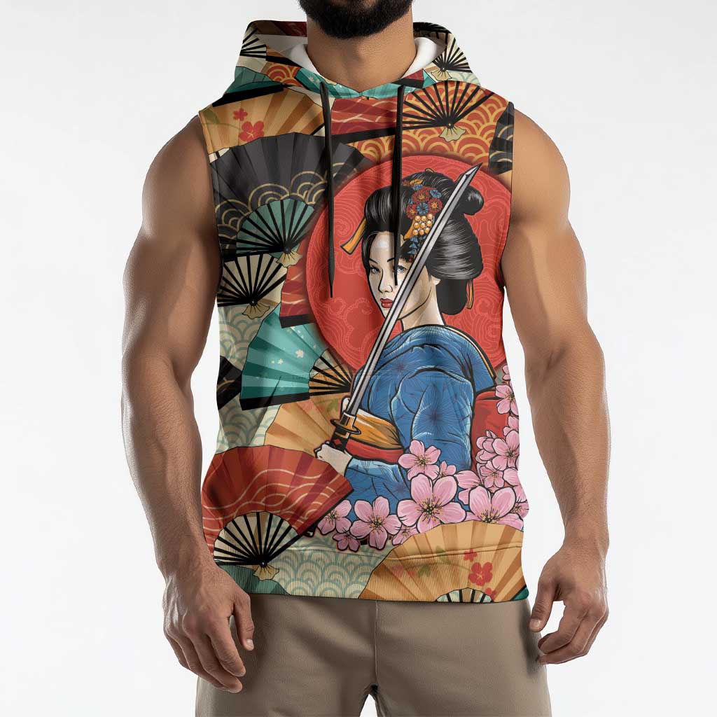 Japanese Geisha Katana Sleeveless Hoodie Japan Sensu Seigaiha Pattern - Polynesian Pride
