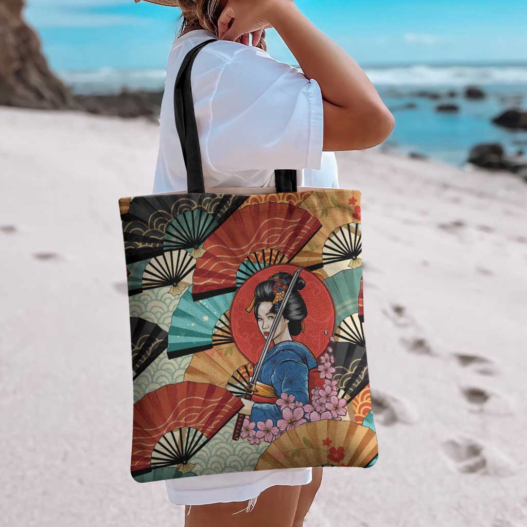 Japanese Geisha Katana Tote Bag Japan Sensu Seigaiha Pattern - Polynesian Pride