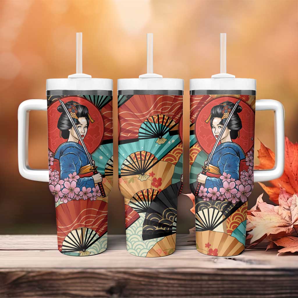 Japanese Geisha Katana Tumbler With Handle Japan Sensu Seigaiha Pattern - Polynesian Pride