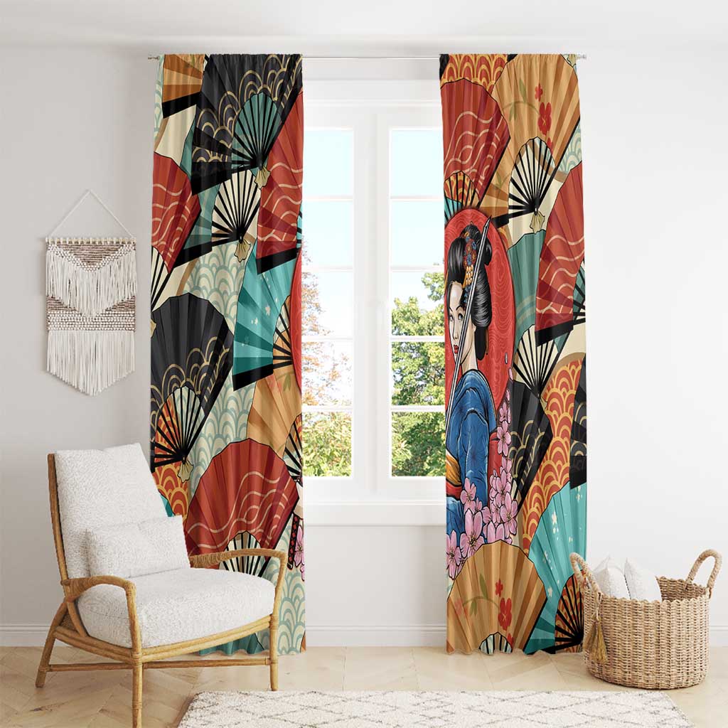 Japanese Geisha Katana Window Curtain Japan Sensu Seigaiha Pattern - Polynesian Pride