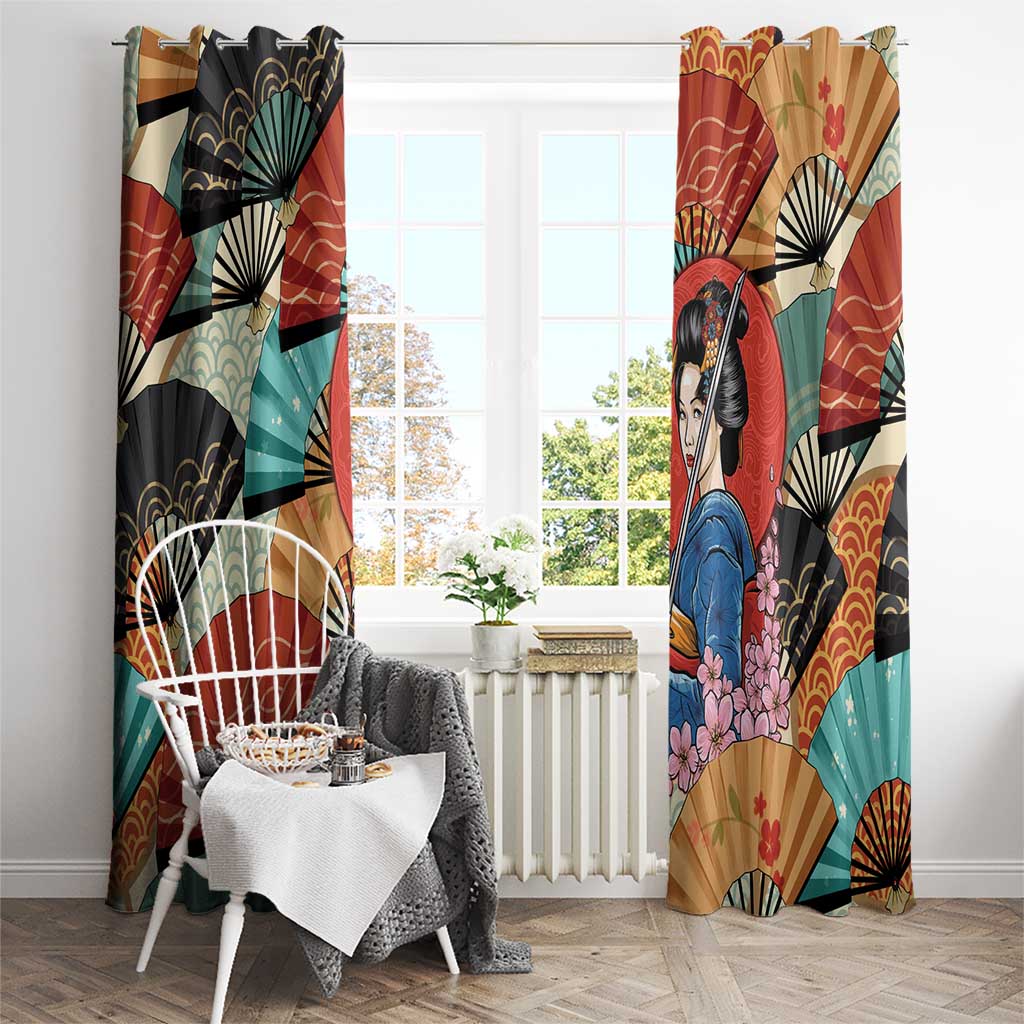 Japanese Geisha Katana Window Curtain Japan Sensu Seigaiha Pattern - Polynesian Pride