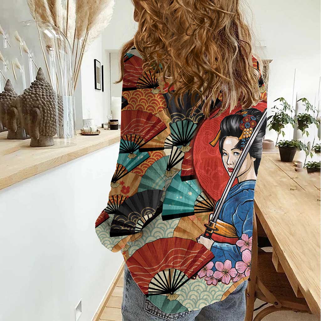 Japanese Geisha Katana Women Casual Shirt Japan Sensu Seigaiha Pattern LT14 - Polynesian Pride