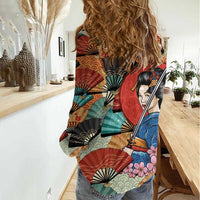 Japanese Geisha Katana Women Casual Shirt Japan Sensu Seigaiha Pattern LT14 - Polynesian Pride