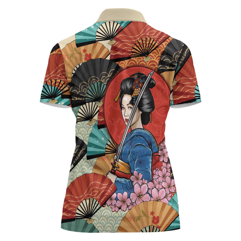 Japanese Geisha Katana Women Polo Shirt Japan Sensu Seigaiha Pattern LT14 - Polynesian Pride