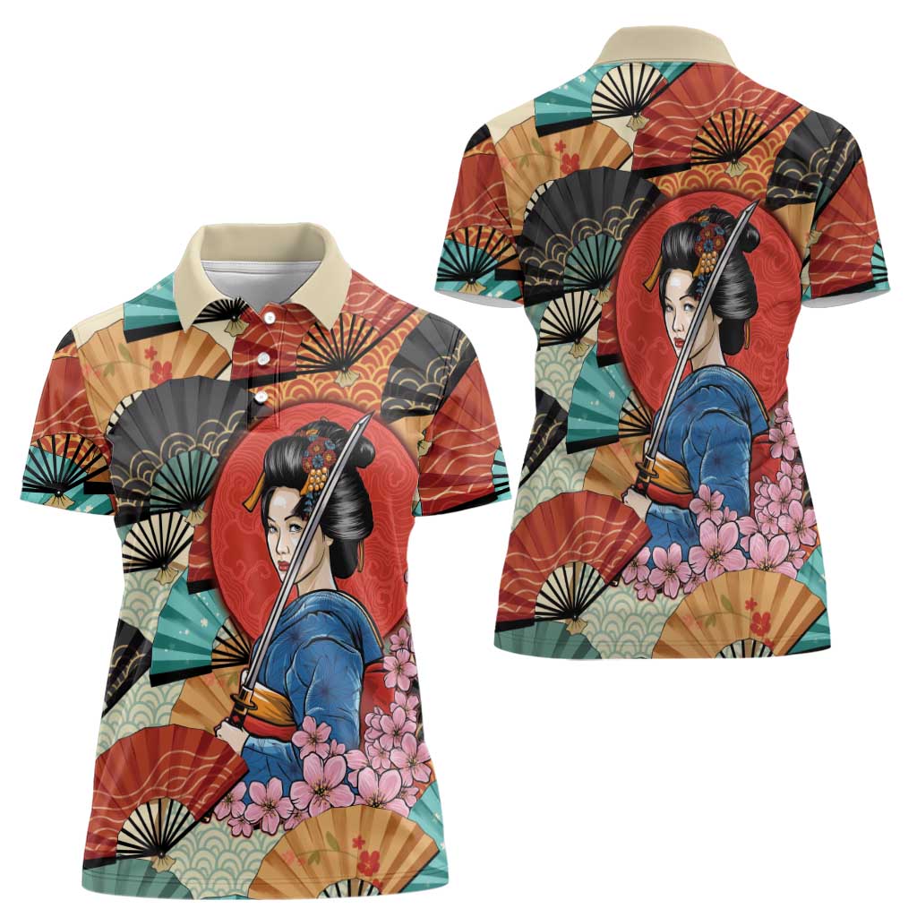 Japanese Geisha Katana Women Polo Shirt Japan Sensu Seigaiha Pattern LT14 - Polynesian Pride
