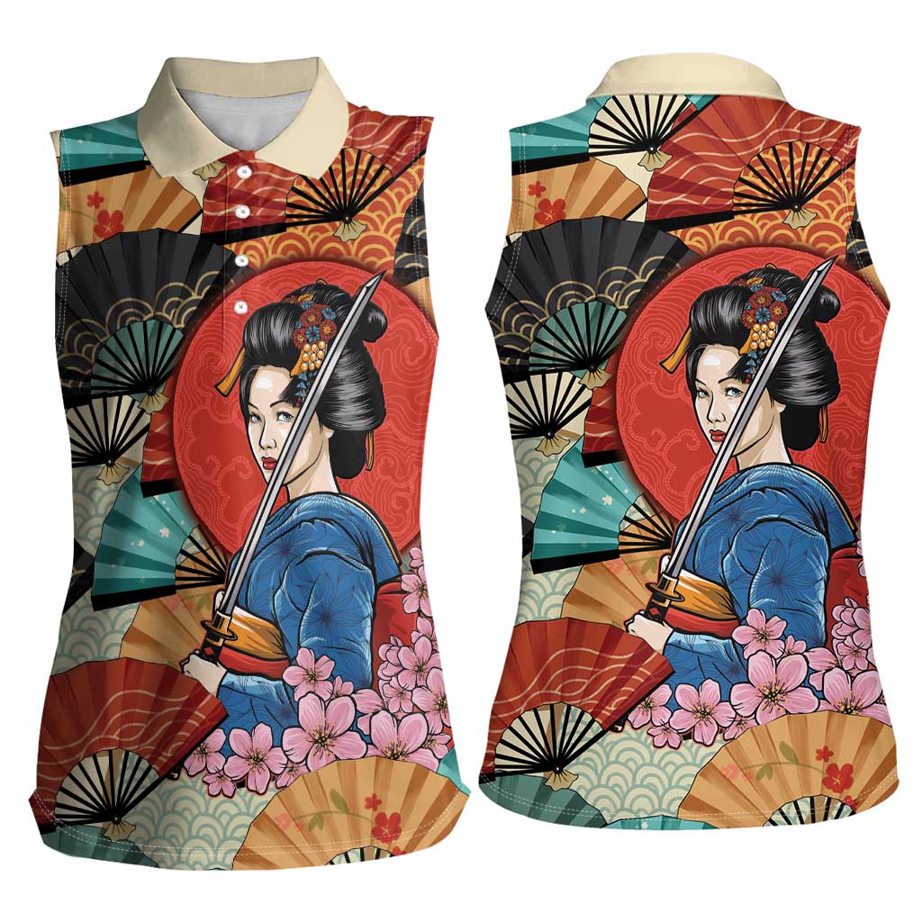 Japanese Geisha Katana Women Sleeveless Polo Shirt - Japan Sensu Seigaiha Pattern LT14 - Polynesian Pride