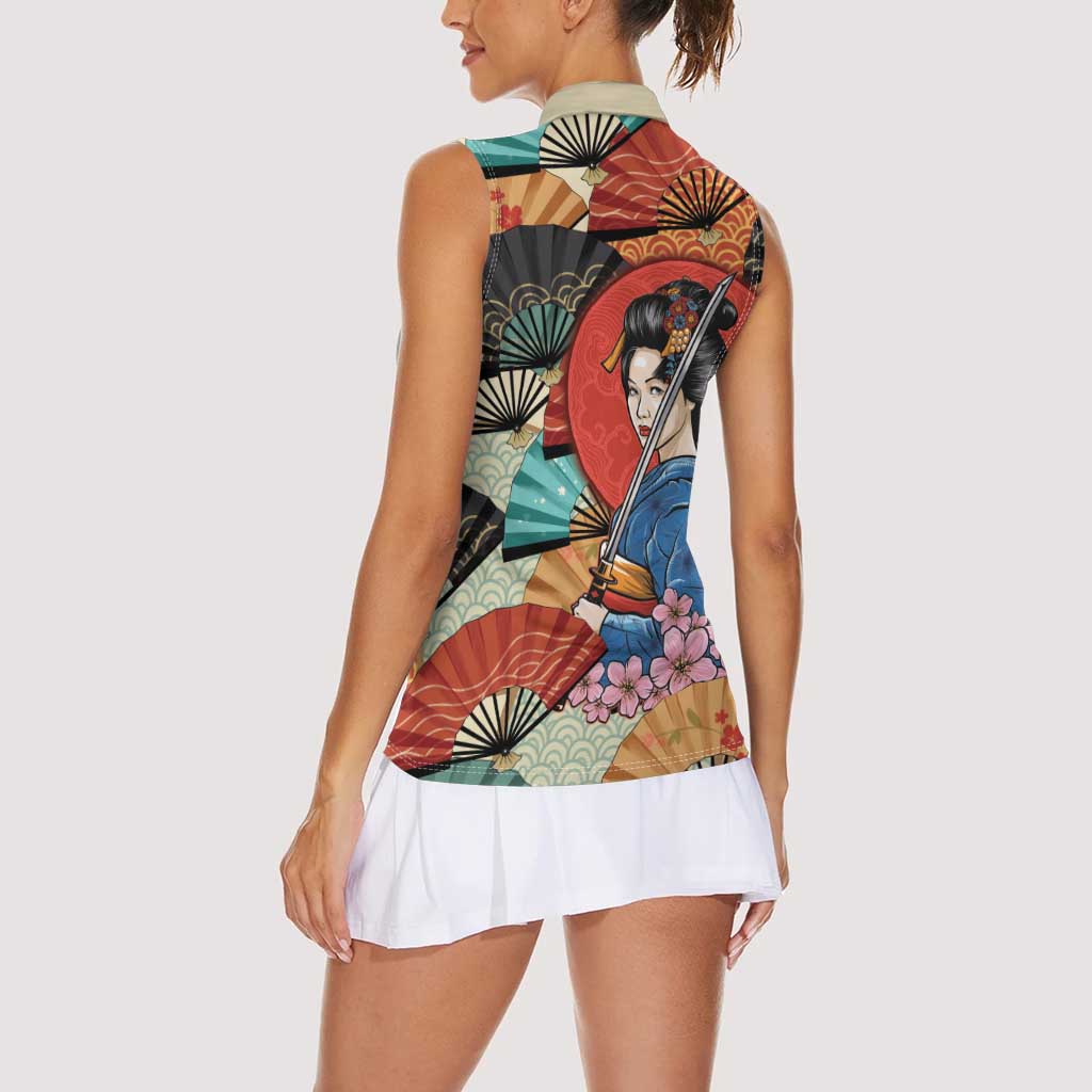 Japanese Geisha Katana Women Sleeveless Polo Shirt - Japan Sensu Seigaiha Pattern LT14 - Polynesian Pride