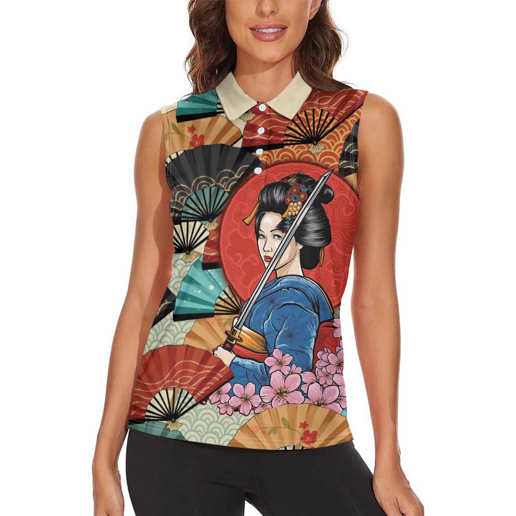 Japanese Geisha Katana Women Sleeveless Polo Shirt - Japan Sensu Seigaiha Pattern LT14 - Polynesian Pride