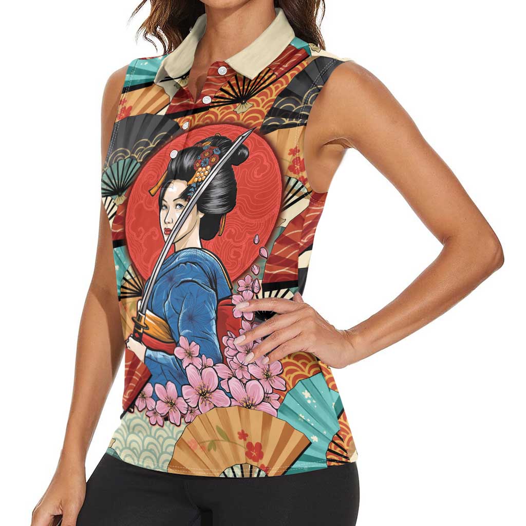 Japanese Geisha Katana Women Sleeveless Polo Shirt - Japan Sensu Seigaiha Pattern LT14 - Polynesian Pride