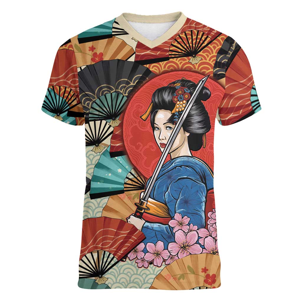 Japanese Geisha Katana Women V-Neck T-Shirt Japan Sensu Seigaiha Pattern LT14 Female Multicolor - Polynesian Pride