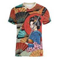 Japanese Geisha Katana Women V-Neck T-Shirt Japan Sensu Seigaiha Pattern LT14 Female Multicolor - Polynesian Pride