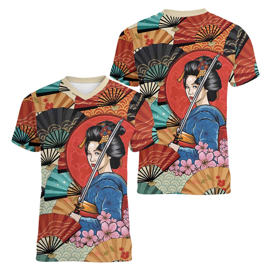 Japanese Geisha Katana Women V-Neck T-Shirt Japan Sensu Seigaiha Pattern LT14 - Polynesian Pride